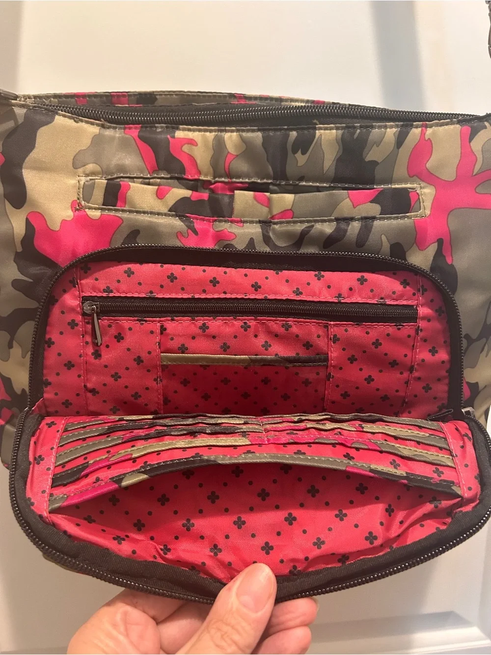 LUG Samba XL Quilted Camouflage Crossbody Bag in Olive and Hot Pink